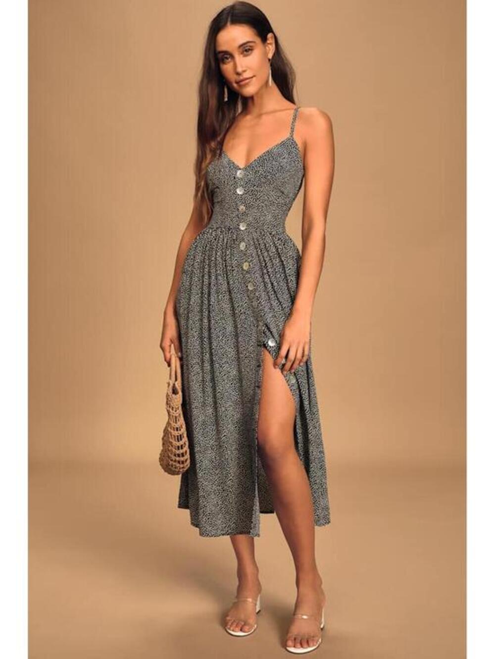 Auguste The Label Tear Drop Staple Charcoal Dot Button Front Midi Dress US 2 - Picture 2 of 6